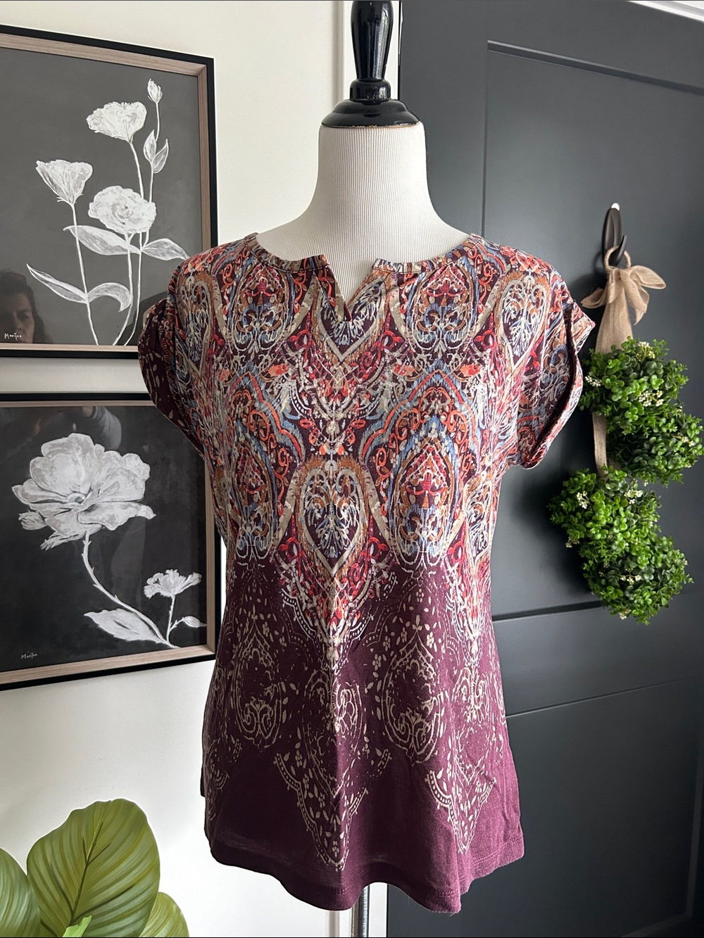 Bundle of 2 Burgundy Multi-Pattern Notch-Neck Short Sleeve Tops